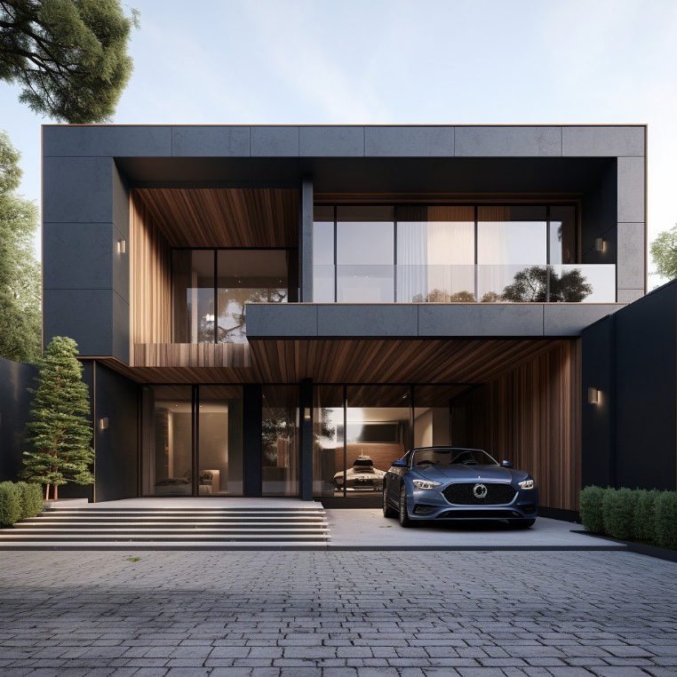 Fachada de residência contemporânea com madeira e vidro